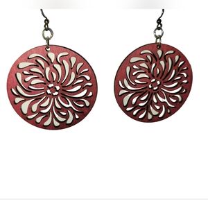 Laser Cut Wood Raindrop Circle Dangle Earrings Brick Red Color